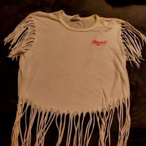 WOMENS VINTAGE WHITE HAWAII TEASE FRINGED CUT SHIRT - SIZE LARGE